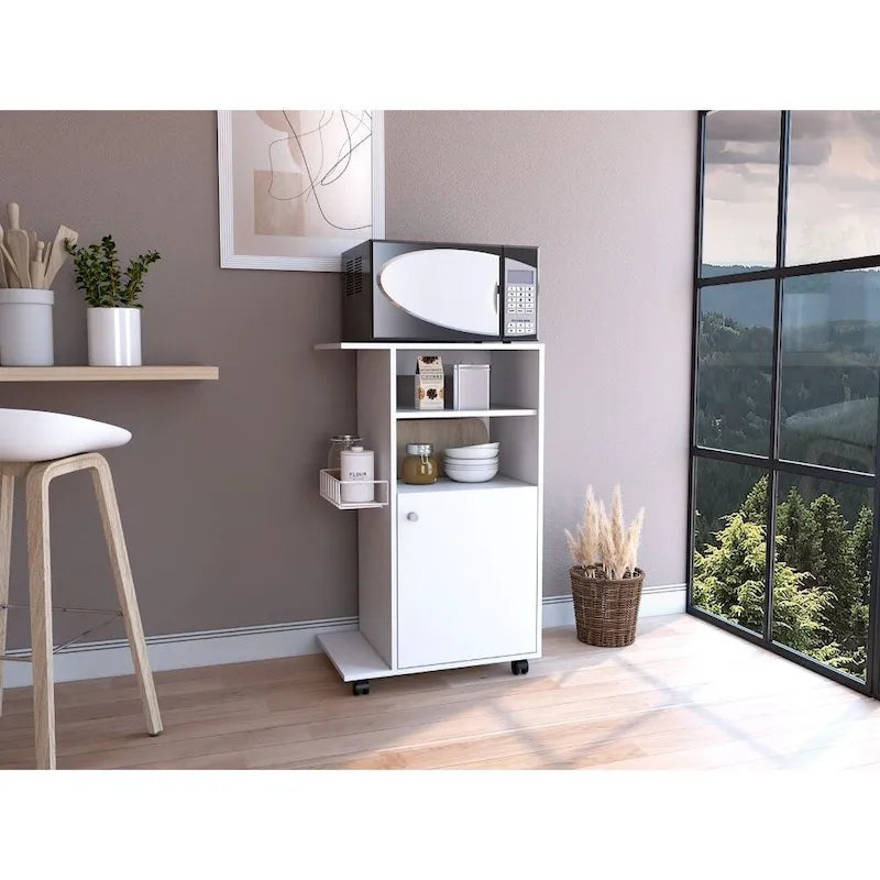 Chariot de cuisine Kryot, meuble à une porte, quatre roulettes, finition blanche, haute qualité et durable
