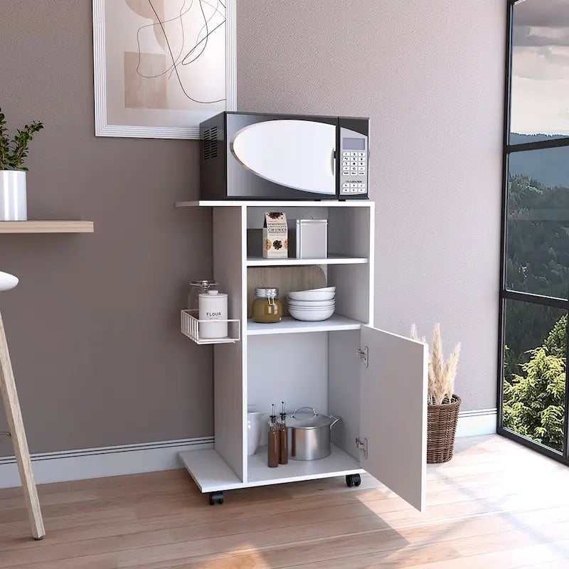 Chariot de cuisine Kryot, meuble à une porte, quatre roulettes, finition blanche, haute qualité et durable