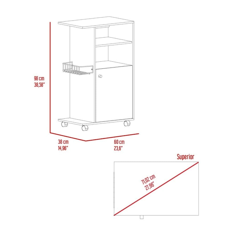 Chariot de cuisine Kryot, meuble à une porte, quatre roulettes, finition blanche, haute qualité et durable