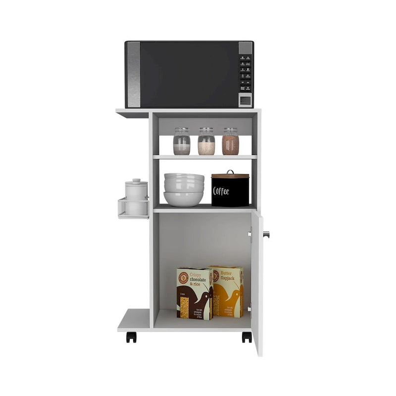 Chariot de cuisine Kryot, meuble à une porte, quatre roulettes, finition blanche, haute qualité et durable
