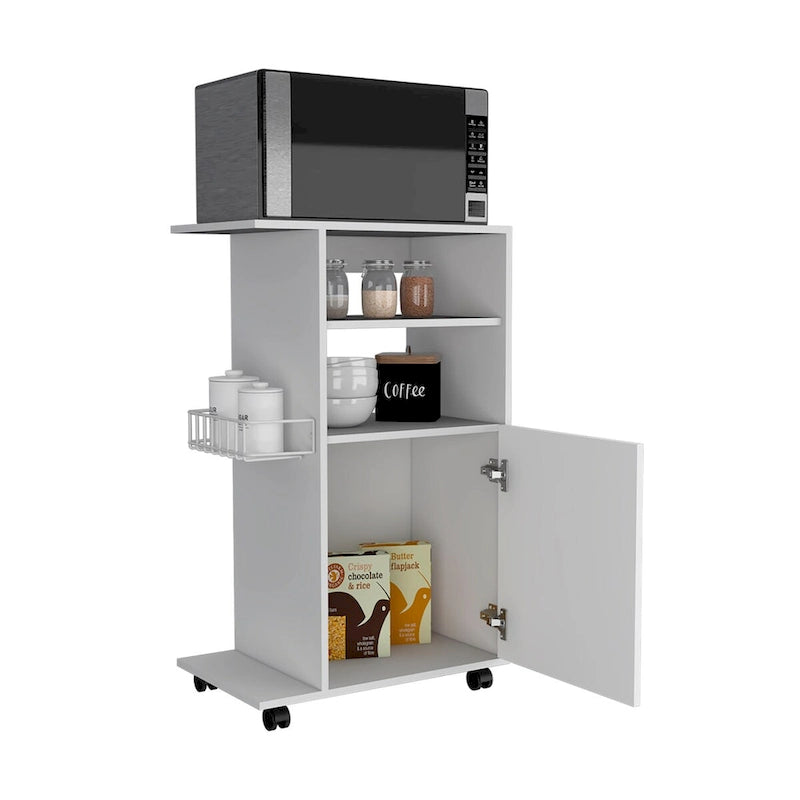 Chariot de cuisine Kryot, meuble à une porte, quatre roulettes, finition blanche, haute qualité et durable