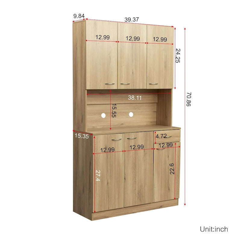 Armoire haute et meuble de cuisine de 179,90 cm, avec 6 portes, 1 étagère ouverte et 1 tiroir pour chambre à coucher