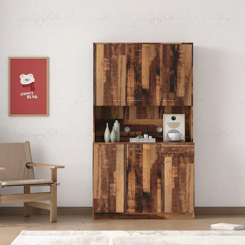 Armoire haute et meuble de cuisine de 179,90 cm, avec 6 portes, 1 étagère ouverte et 1 tiroir pour chambre à coucher