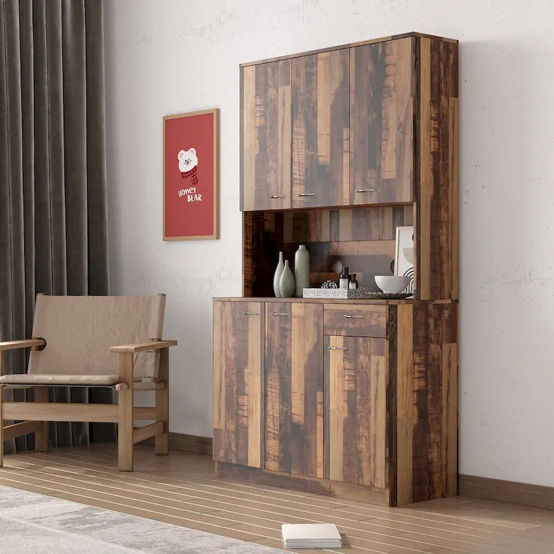 Armoire haute et meuble de cuisine de 179,90 cm, avec 6 portes, 1 étagère ouverte et 1 tiroir pour chambre à coucher