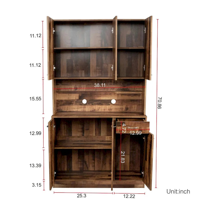 Armoire haute et meuble de cuisine de 179,90 cm, avec 6 portes, 1 étagère ouverte et 1 tiroir pour chambre à coucher