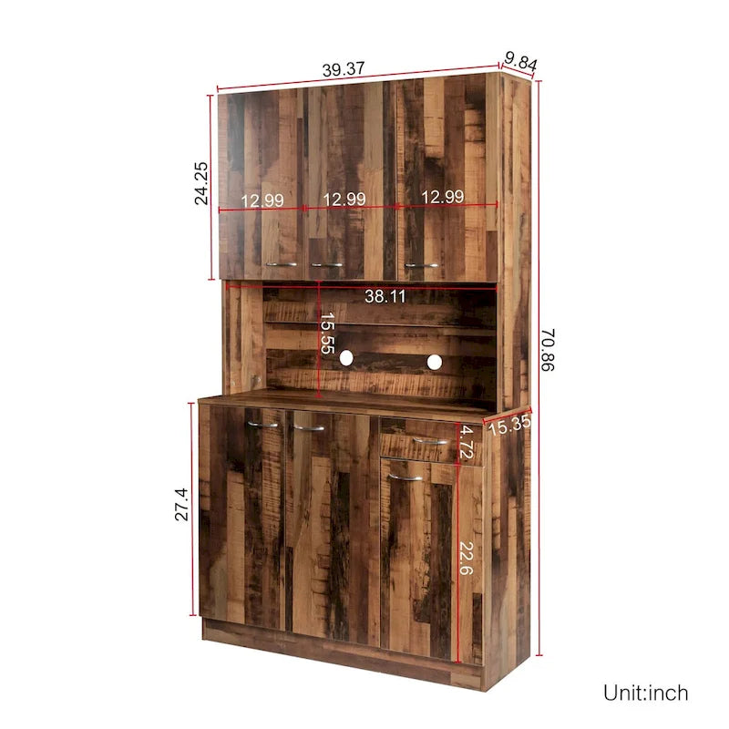 Armoire haute et meuble de cuisine de 179,90 cm, avec 6 portes, 1 étagère ouverte et 1 tiroir pour chambre à coucher