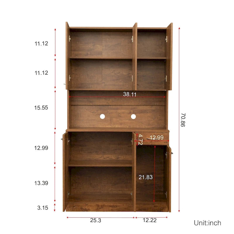 Armoire haute et meuble de cuisine de 179,90 cm, avec 6 portes, 1 étagère ouverte et 1 tiroir pour chambre à coucher