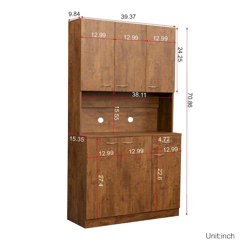 Armoire haute et meuble de cuisine de 179,90 cm, avec 6 portes, 1 étagère ouverte et 1 tiroir pour chambre à coucher