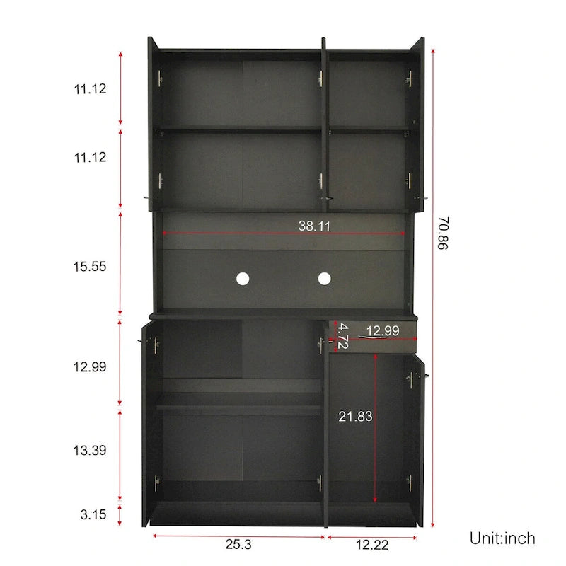 Armoire haute et meuble de cuisine de 179,90 cm, avec 6 portes, 1 étagère ouverte et 1 tiroir pour chambre à coucher