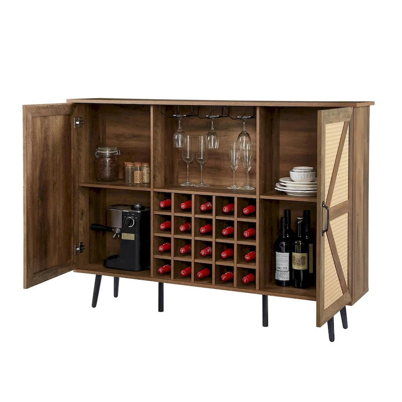 Meuble de rangement rustique en bois avec porte-bouteilles et porte-verres à vin