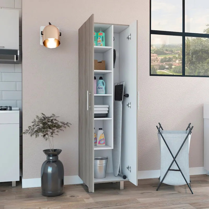 Armoire de nettoyage, armoire à deux portes, quatre pieds, cinq étagères