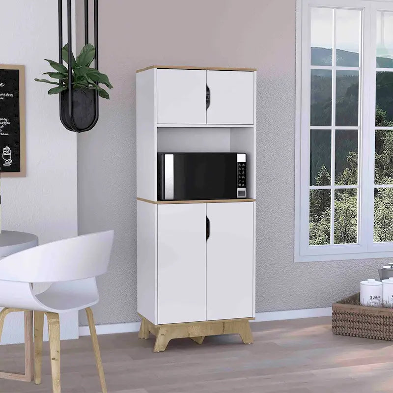 Meuble Haut Four Micro-ondes avec Plan de Travail et Meubles Bas Doubles Portes Hautes et Basses – Chêne Clair / Blanc