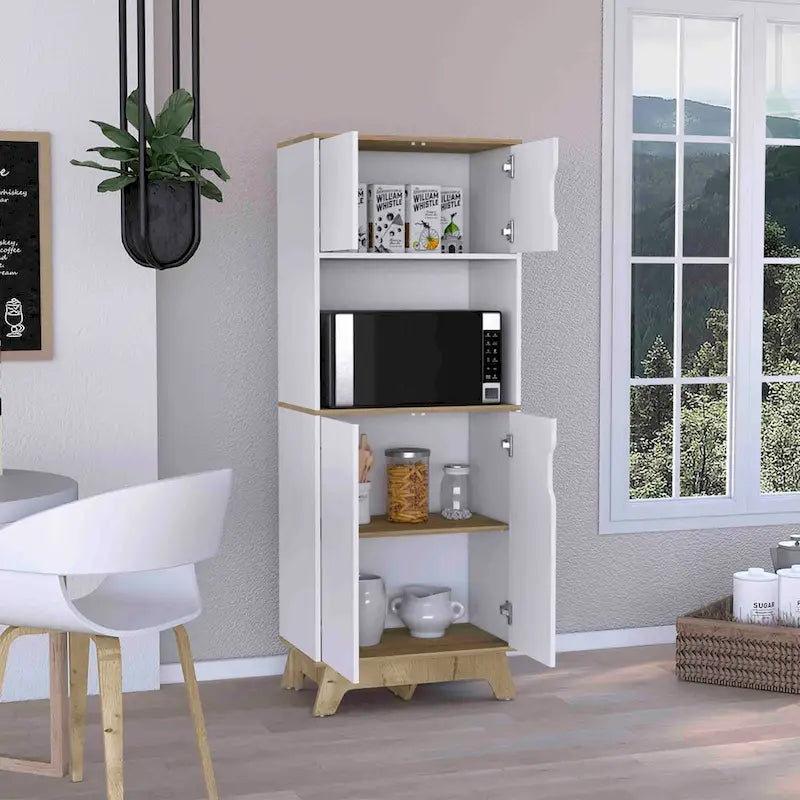 Meuble Haut Four Micro-ondes avec Plan de Travail et Meubles Bas Doubles Portes Hautes et Basses – Chêne Clair / Blanc