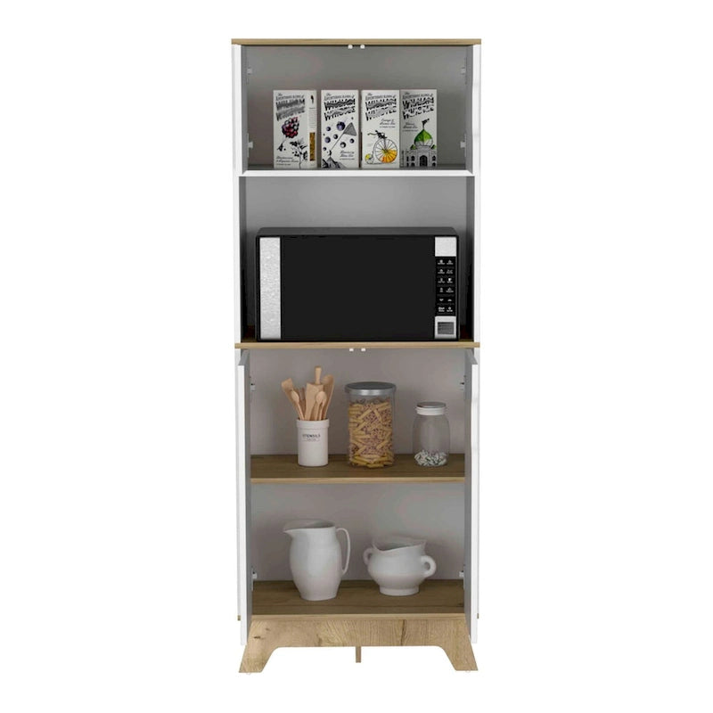 Meuble Haut Four Micro-ondes avec Plan de Travail et Meubles Bas Doubles Portes Hautes et Basses – Chêne Clair / Blanc