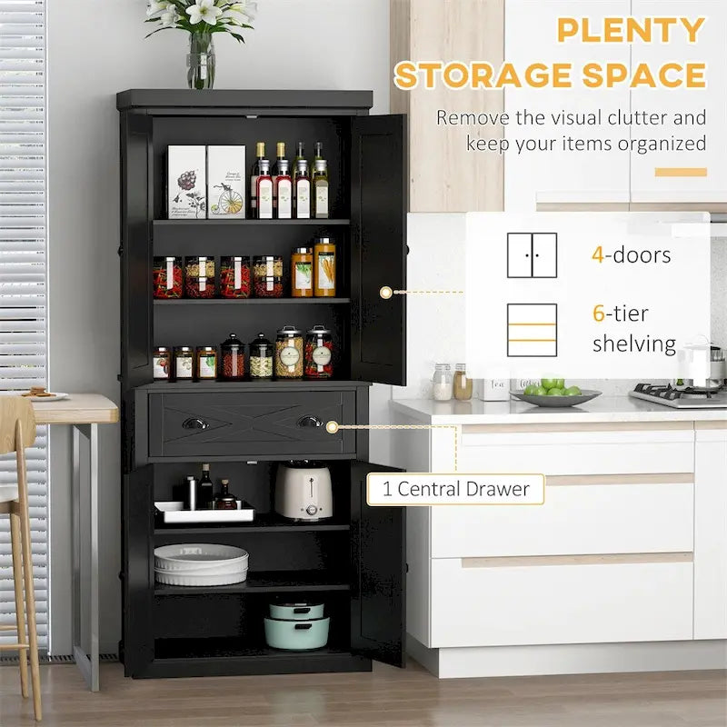 Armoire de cuisine autoportante à 4 portes avec 6 étagères et 1 tiroir