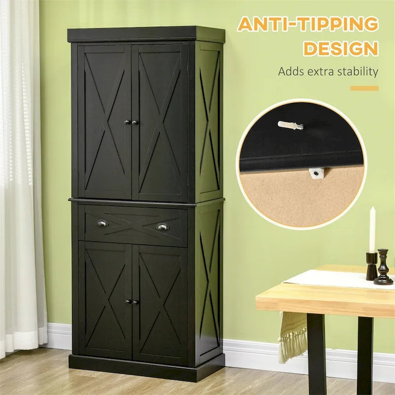 Armoire de cuisine autoportante à 4 portes avec 6 étagères et 1 tiroir