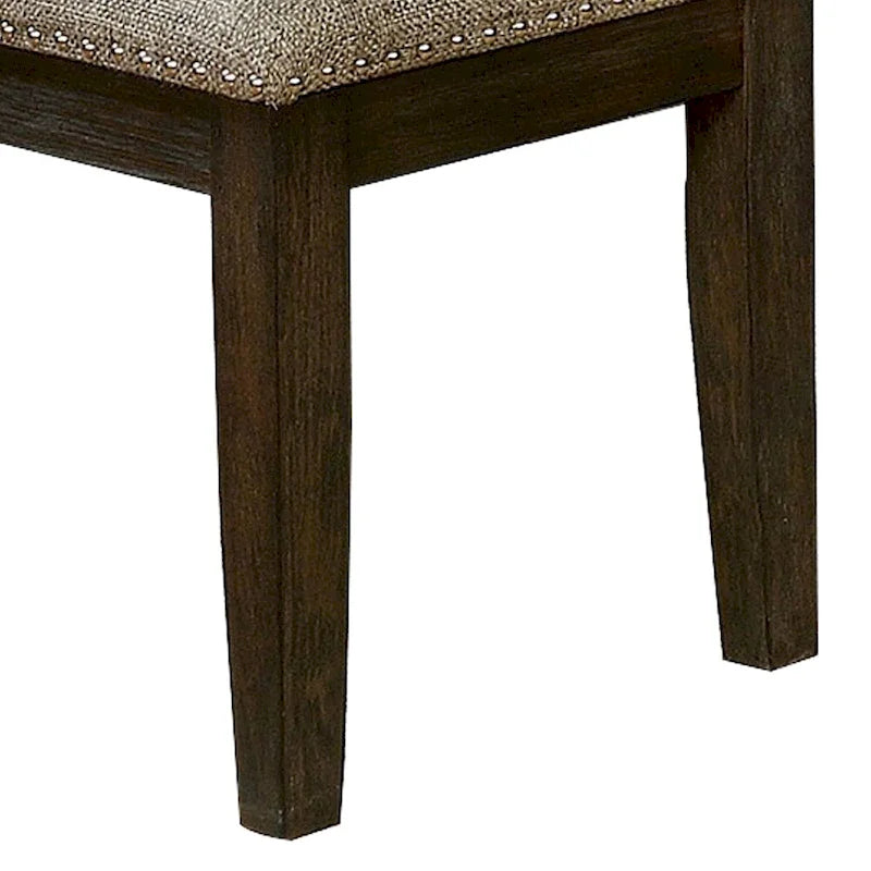 Banc rembourré en tissu avec garniture cloutée et pieds fuselés, gris et expresso