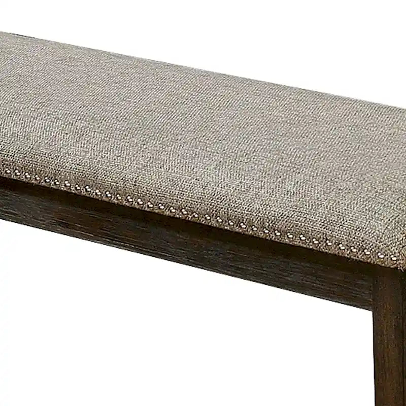 Banc rembourré en tissu avec garniture cloutée et pieds fuselés, gris et expresso