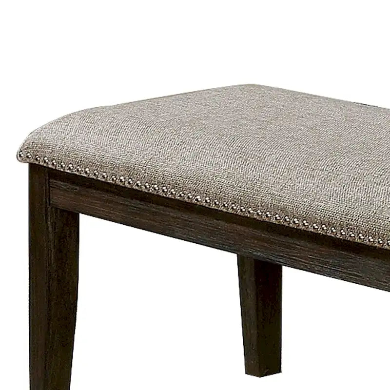 Banc rembourré en tissu avec garniture cloutée et pieds fuselés, gris et expresso