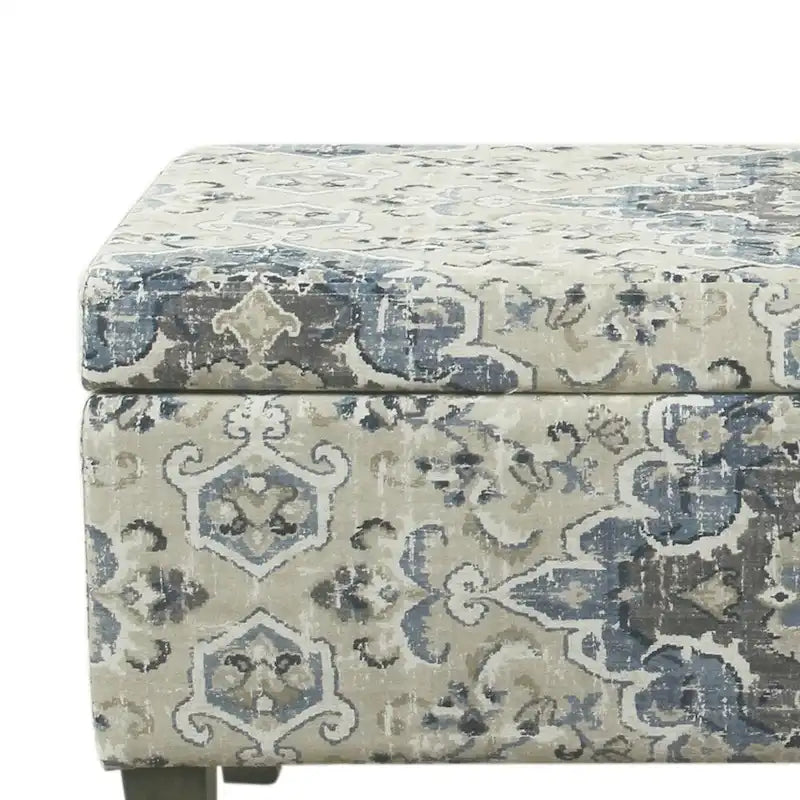Banc de rangement capitonné en tissu à motif médaillon, grand, bleu et crème