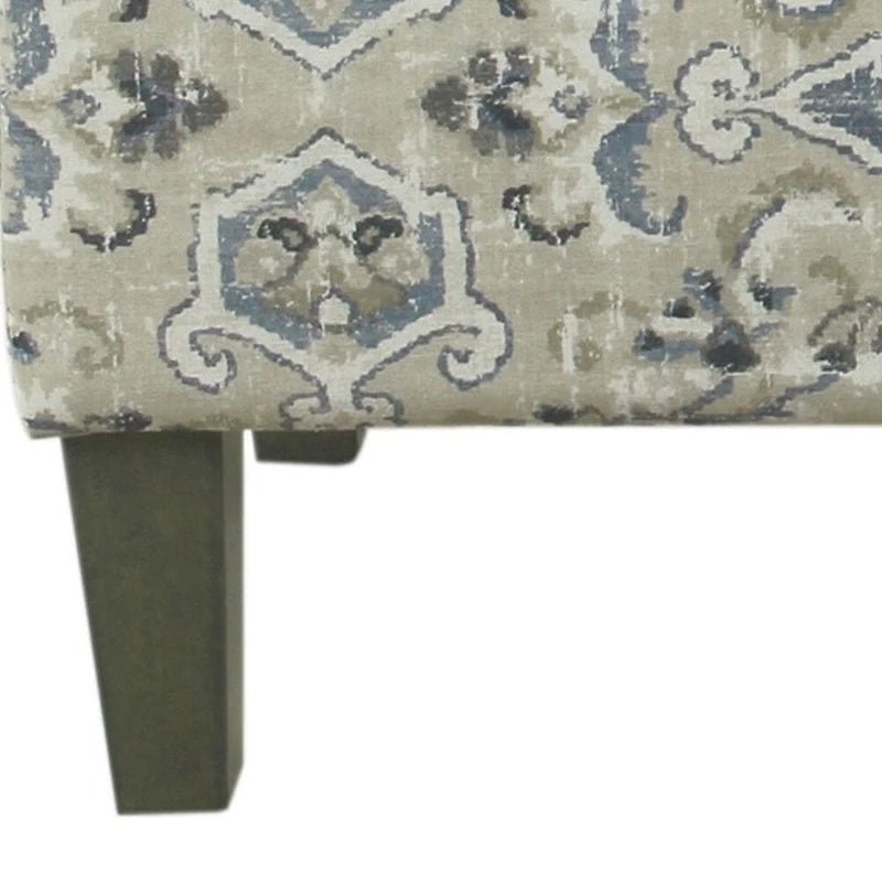 Banc de rangement capitonné en tissu à motif médaillon, grand, bleu et crème