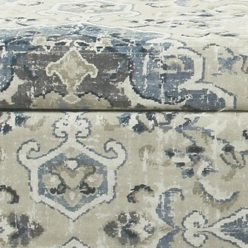 Banc de rangement capitonné en tissu à motif médaillon, grand, bleu et crème