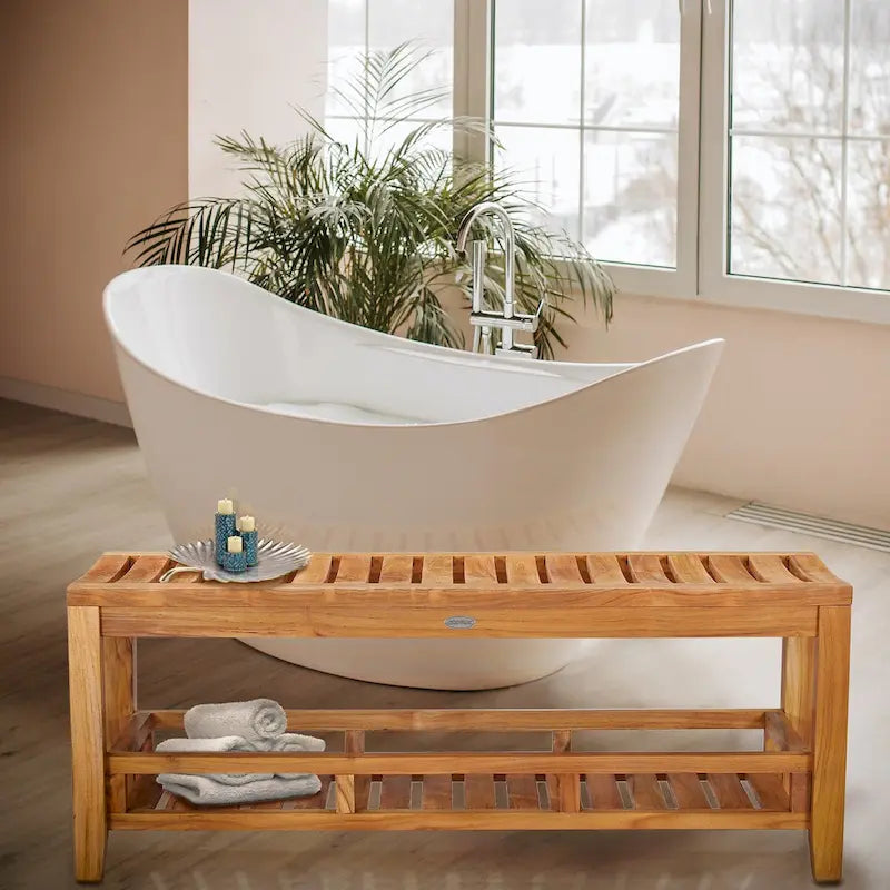 Banc / tabouret de douche Nassau en teck avec étagère, 47 pouces