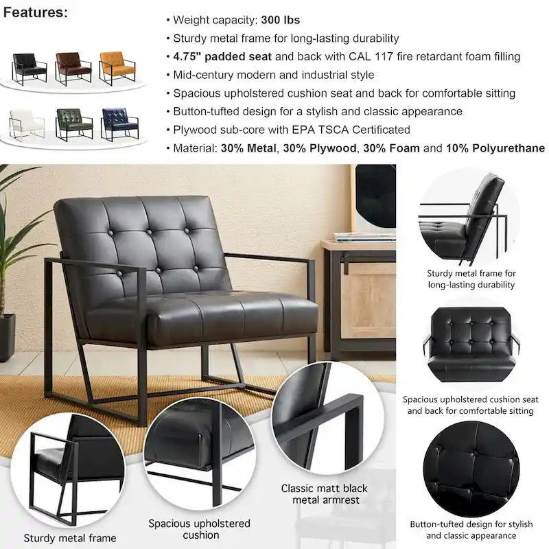 Fauteuil d'appoint capitonné en cuir PU de style Mid-Century 29,50W 29,5L x 30,5H x 29,25P