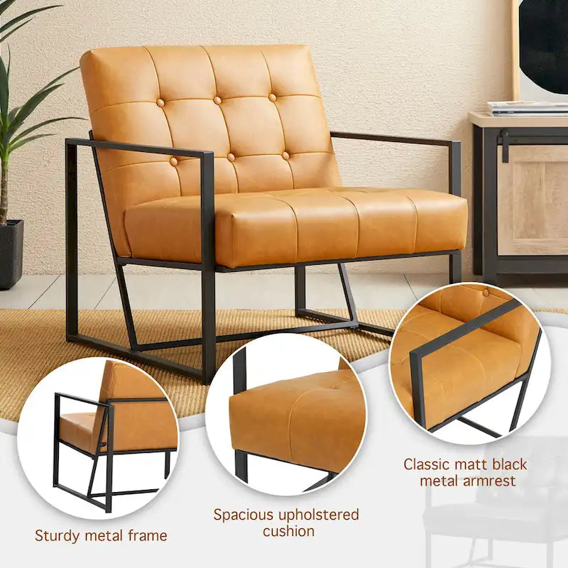 Fauteuil d'appoint capitonné en cuir PU de style Mid-Century 29,50W 29,5L x 30,5H x 29,25P