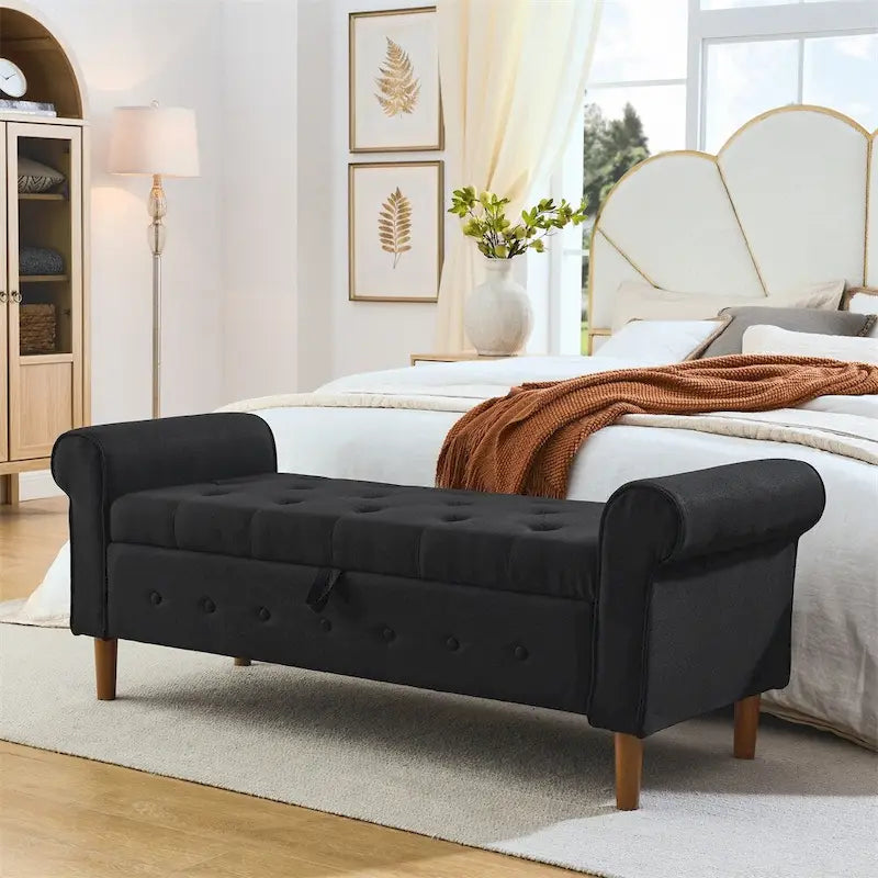 Banc de rangement capitonné à 62 boutons, pouf rembourré en lin