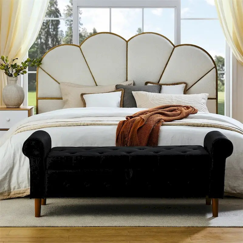 Banc de rangement capitonné à 62 boutons, pouf rembourré en lin