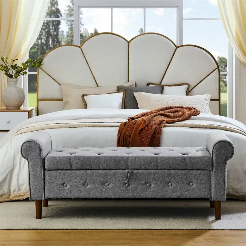 Banc de rangement capitonné à 62 boutons, pouf rembourré en lin