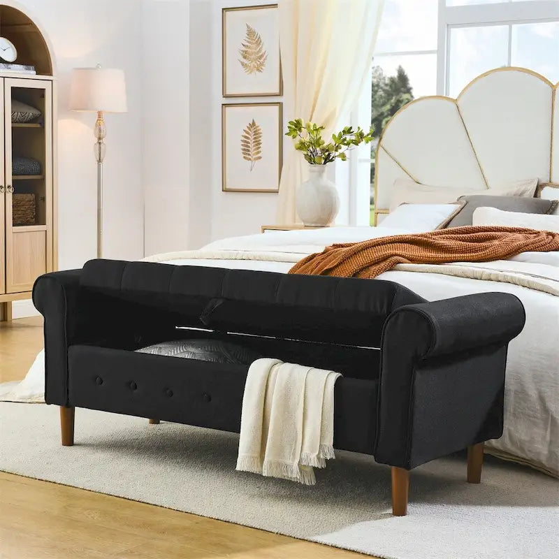 Banc de rangement capitonné à 62 boutons, pouf rembourré en lin