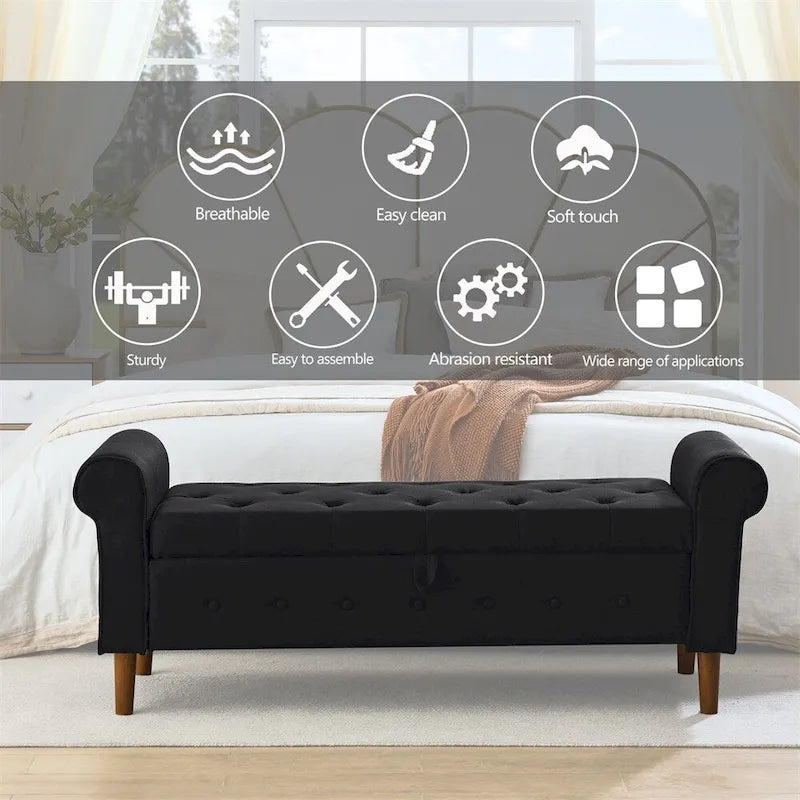 Banc de rangement capitonné à 62 boutons, pouf rembourré en lin