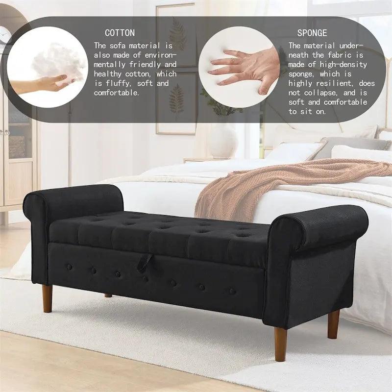 Banc de rangement capitonné à 62 boutons, pouf rembourré en lin