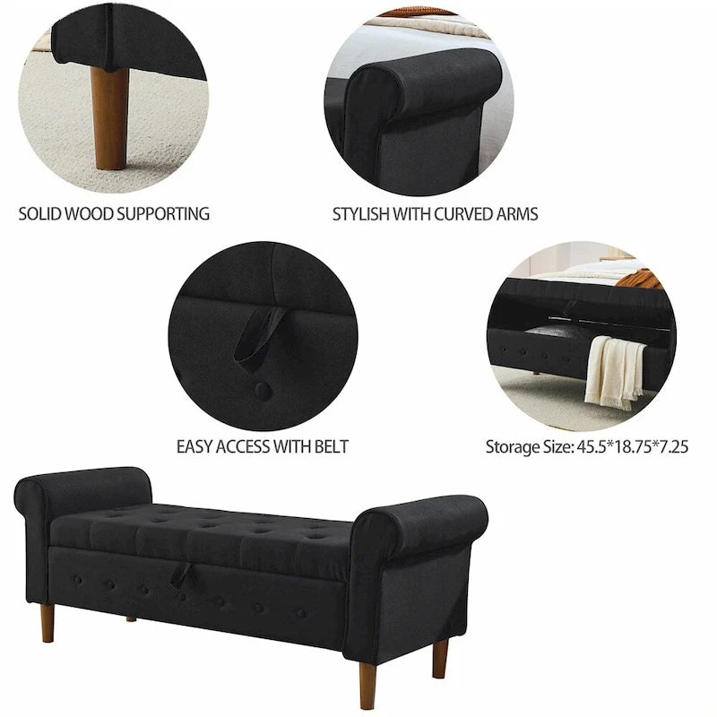 Banc de rangement capitonné à 62 boutons, pouf rembourré en lin