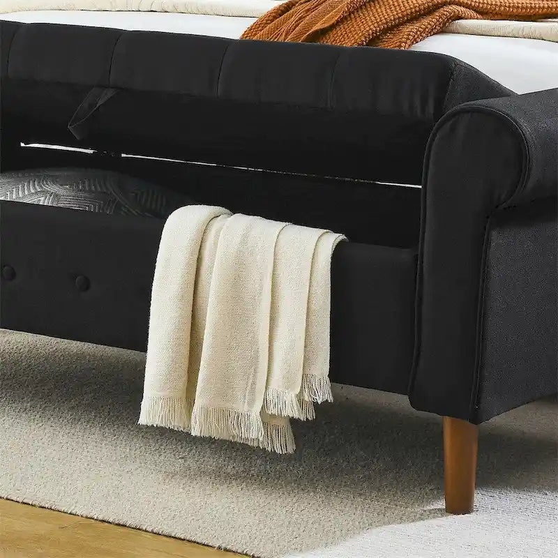 Banc de rangement capitonné à 62 boutons, pouf rembourré en lin