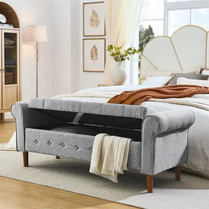 Banc de rangement capitonné à 62 boutons, pouf rembourré en lin