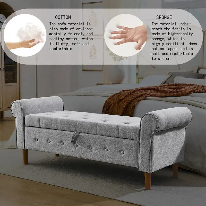 Banc de rangement capitonné à 62 boutons, pouf rembourré en lin