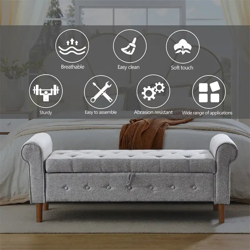 Banc de rangement capitonné à 62 boutons, pouf rembourré en lin