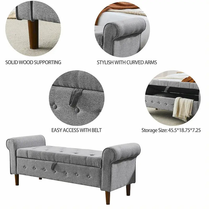 Banc de rangement capitonné à 62 boutons, pouf rembourré en lin