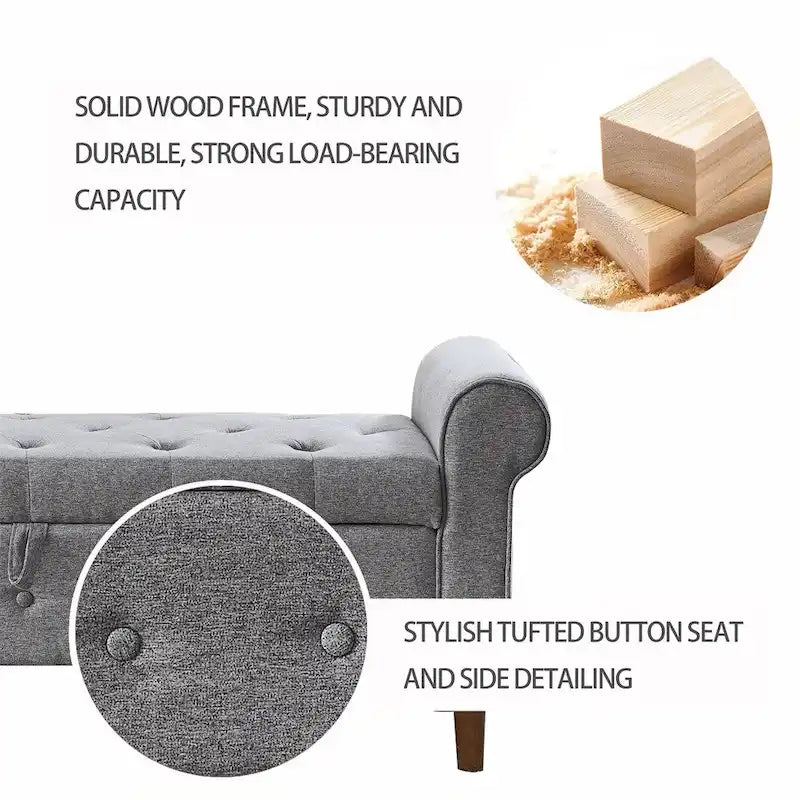 Banc de rangement capitonné à 62 boutons, pouf rembourré en lin