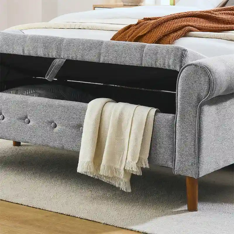 Banc de rangement capitonné à 62 boutons, pouf rembourré en lin