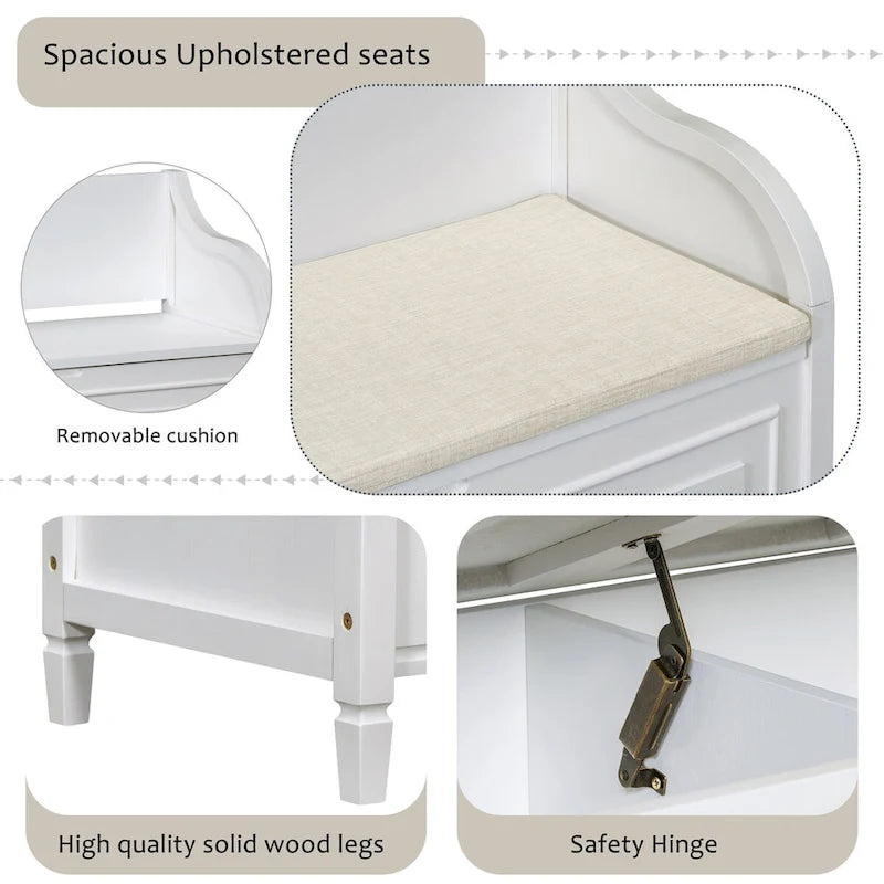 Banc de rangement en bois massif de style rustique pour entrée avec charnière de sécurité