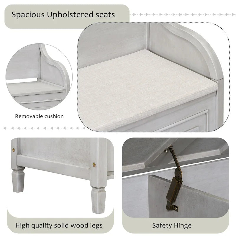 Banc de rangement en bois massif de style rustique pour entrée avec charnière de sécurité