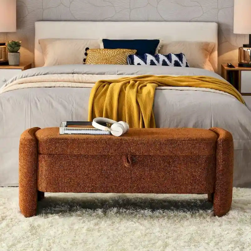 Banc de rangement ottoman ovale en tissu chenille avec grand espace de rangement
