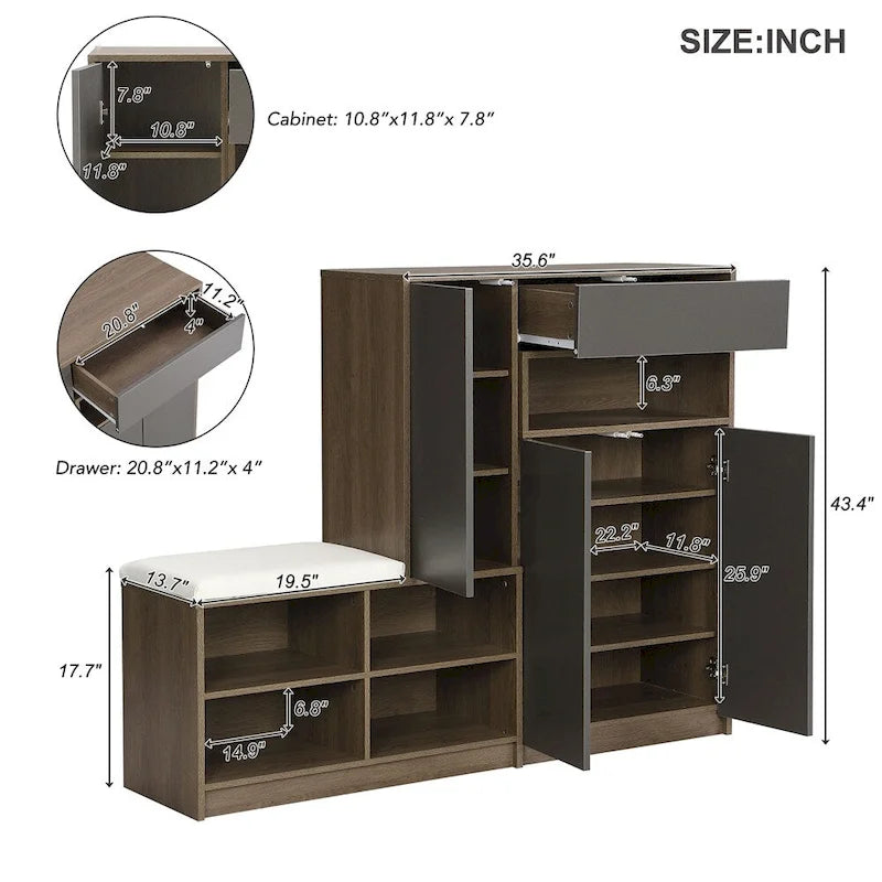 Banc à chaussures 2-en-1 et armoires à chaussures, étagère à chaussures multifonctionnelle