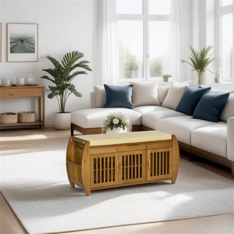 Banc à chaussures en bambou avec coussin d'assise et compartiment caché