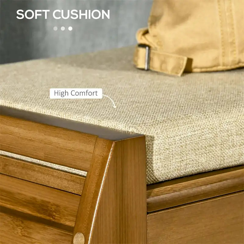 Banc à chaussures en bambou avec coussin d'assise et compartiment caché