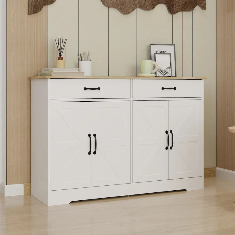 47.95 Buffet de ferme avec 2 tiroirs et 4 portes pour salle à manger, salon, cuisine – Blanc